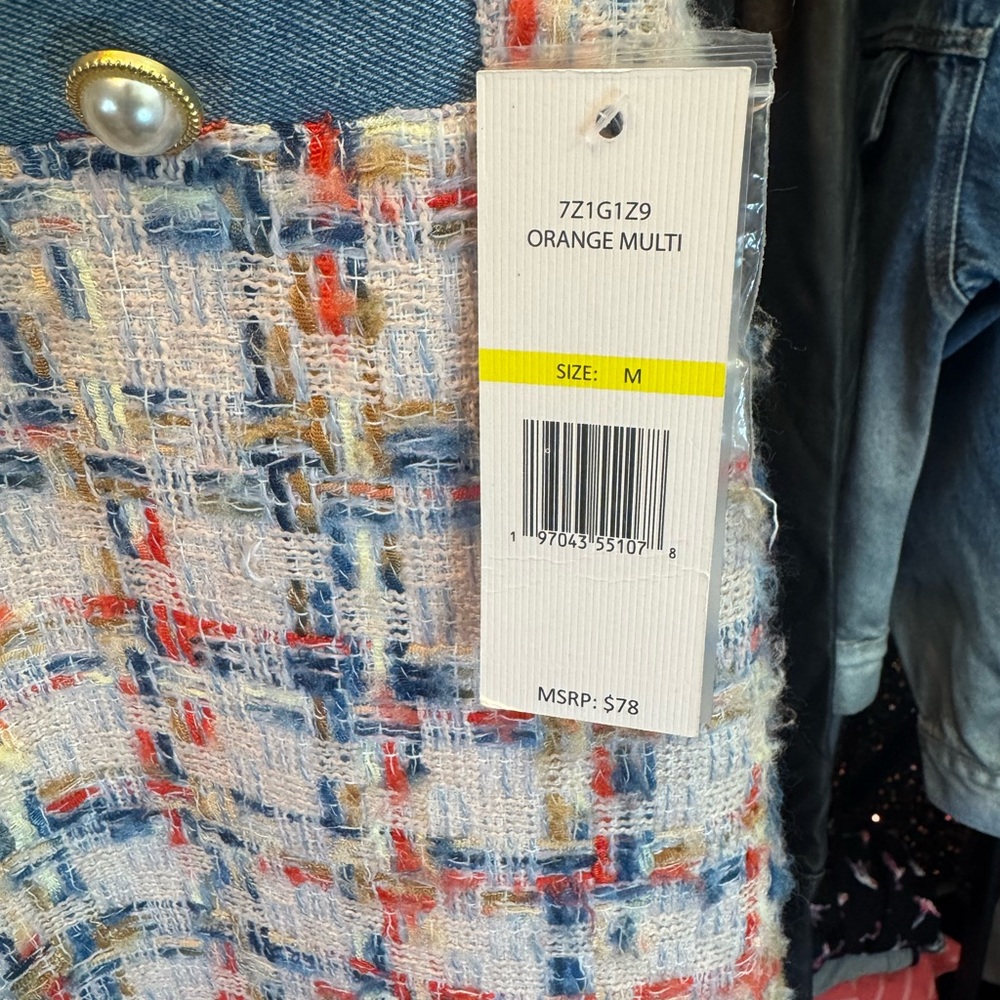 Nanette Lepore Multicolor Tweed Skirt with Blue Accents Faux Pearl Button Front - Picture 6 of 7
